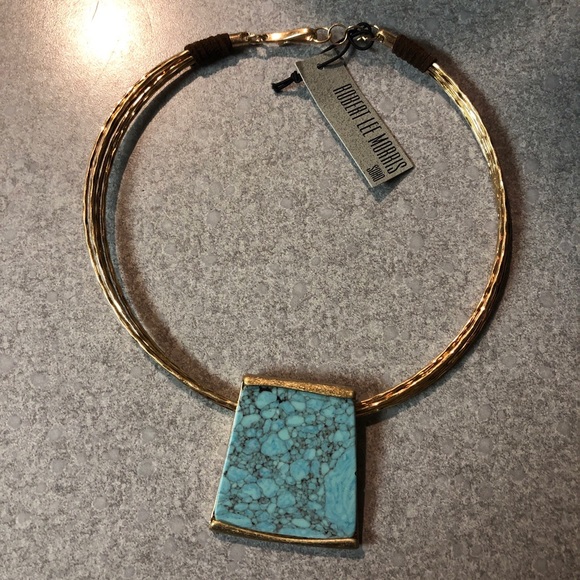 Robert Lee Morris Gold Tone Wire Collar Necklace Geometric Turquoise Pendant NWT - Picture 1 of 12